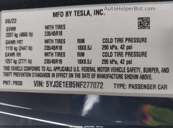 5YJ3E1EB5NF277072 2022 TESLA MODEL 3 Черный Вид подкапотного пространства
