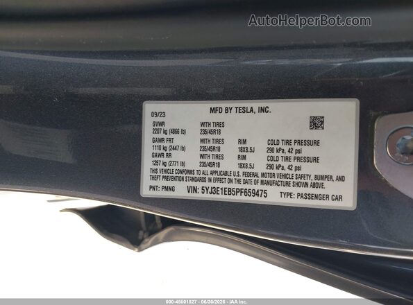 5YJ3E1EB5PF659475 2023 TESLA MODEL 3 Серый Вид подкапотного пространства