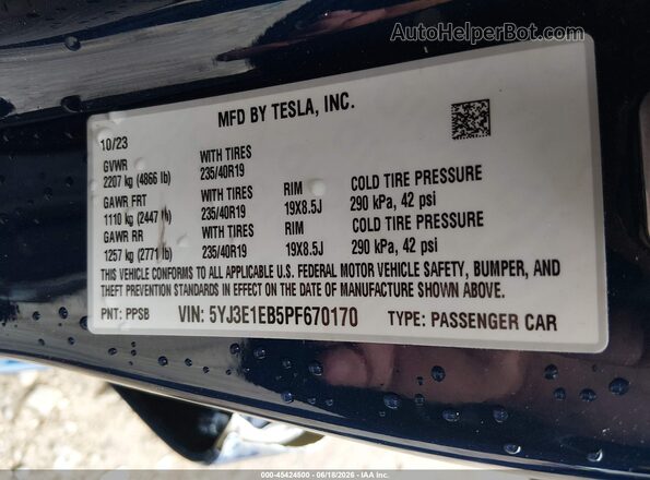 5YJ3E1EB5PF670170 2023 TESLA MODEL 3 Blue Vista del compartimento del motor