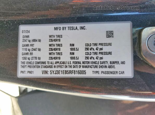 5YJ3E1EB5RF816005 2024 TESLA MODEL Charcoal ძრავის განყოფილების ხედი