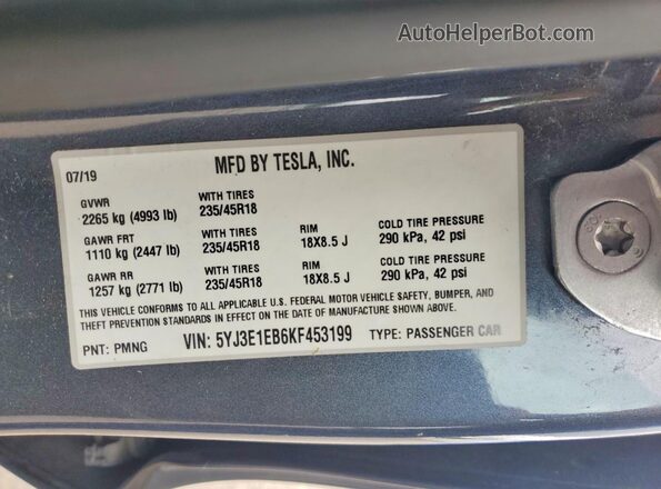 5YJ3E1EB6KF453199 2019 TESLA MODEL Gray Շարժիչի բաժամունքի տեսք