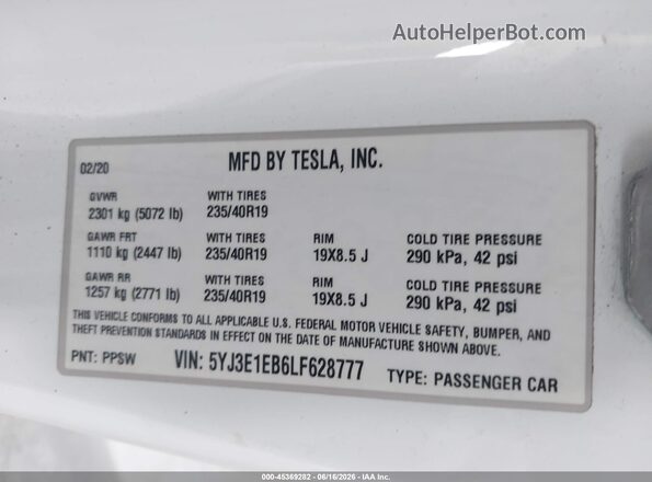 5YJ3E1EB6LF628777 2020 TESLA MODEL 3 White Vista del compartimento del motor