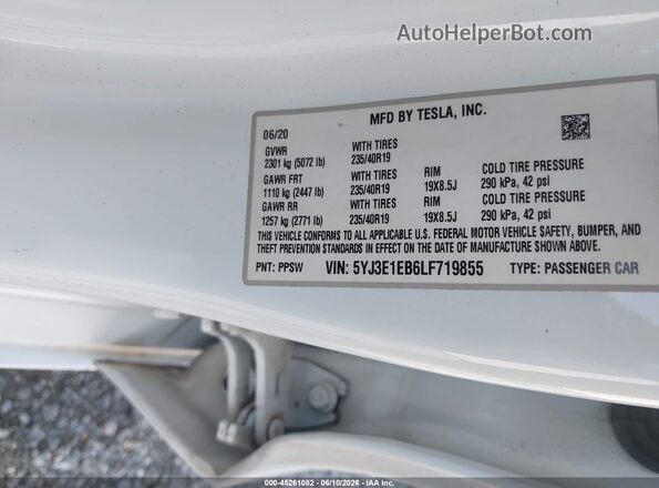 5YJ3E1EB6LF719855 2020 TESLA MODEL 3 White Engine compartment view