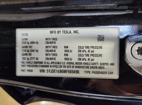 5YJ3E1EB6MF869496 2021 TESLA MODEL Black Widok komory silnika