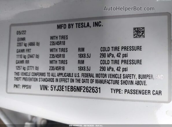 5YJ3E1EB6NF262631 2022 TESLA MODEL 3 Белый Вид подкапотного пространства