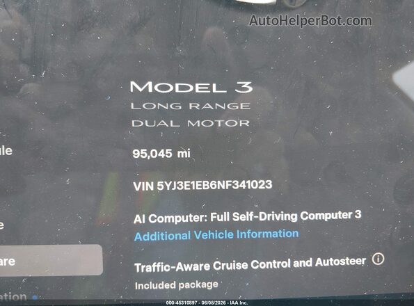5YJ3E1EB6NF341023 2022 TESLA MODEL 3 Белый Панорамный вид салона 360°