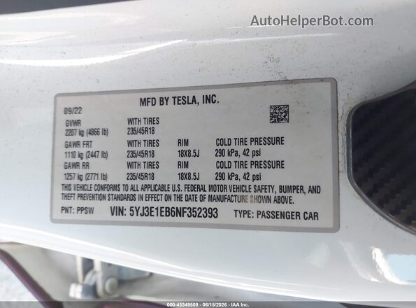 5YJ3E1EB6NF352393 2022 TESLA MODEL 3 Фиолетовый Вид подкапотного пространства