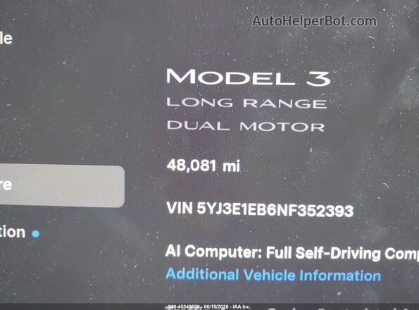 5YJ3E1EB6NF352393 2022 TESLA MODEL 3 Фиолетовый 