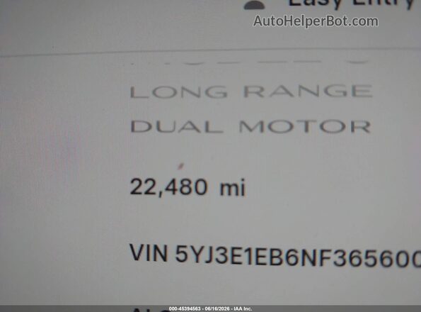 5YJ3E1EB6NF365600 2022 TESLA MODEL 3 Белый Панорамный вид салона 360°
