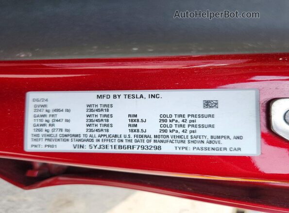 5YJ3E1EB6RF793298 2024 TESLA MODEL Red 