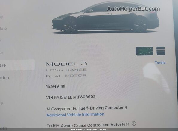 5YJ3E1EB6RF806602 2024 TESLA MODEL 3 Black 360 interior view