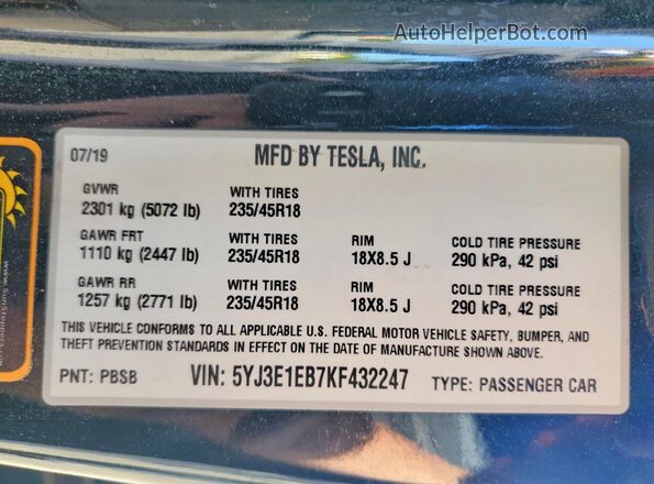 5YJ3E1EB7KF432247 2019 TESLA MODEL Black Շարժիչի բաժամունքի տեսք