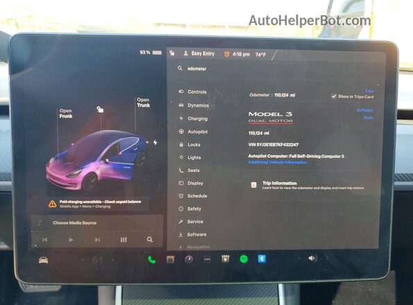 5YJ3E1EB7KF432247 2019 TESLA MODEL Black Սարքավորումների վահանակի տեսք