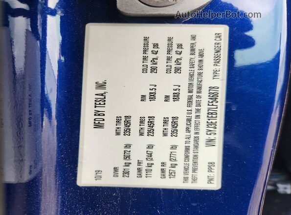 5YJ3E1EB7LF546878 2020 TESLA MODEL Blue VIN կոդի պիտակի տեսք