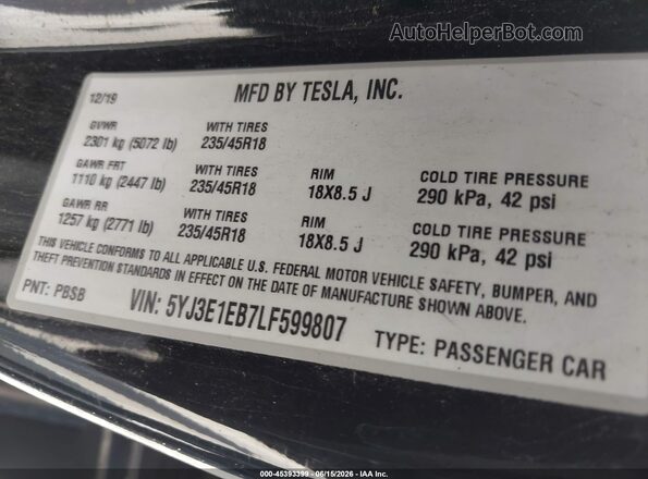 5YJ3E1EB7LF599807 2020 TESLA MODEL 3 Black 