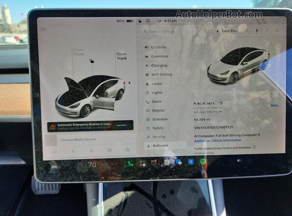 5YJ3E1EB7LF667331 2020 TESLA MODEL White ხელსაწყოთა პანელის ხედი