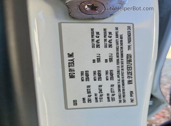 5YJ3E1EB7LF667331 2020 TESLA MODEL White VIN კოდის სტიკერის ხედი