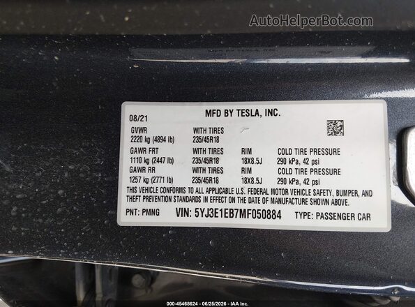 5YJ3E1EB7MF050884 2021 TESLA MODEL 3 Black ძრავის განყოფილების ხედი