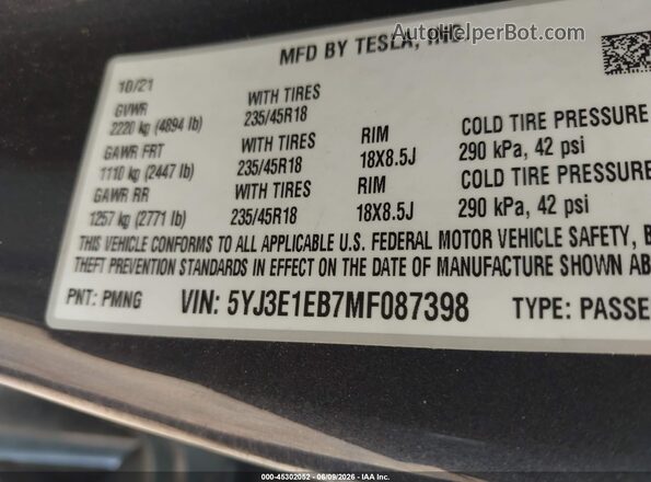 5YJ3E1EB7MF087398 2021 TESLA MODEL 3 Gray ძრავის განყოფილების ხედი