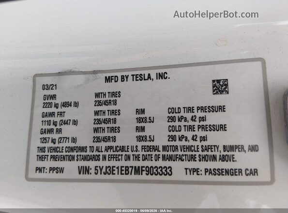 5YJ3E1EB7MF903333 2021 TESLA MODEL 3 White Вид підкапотного простору