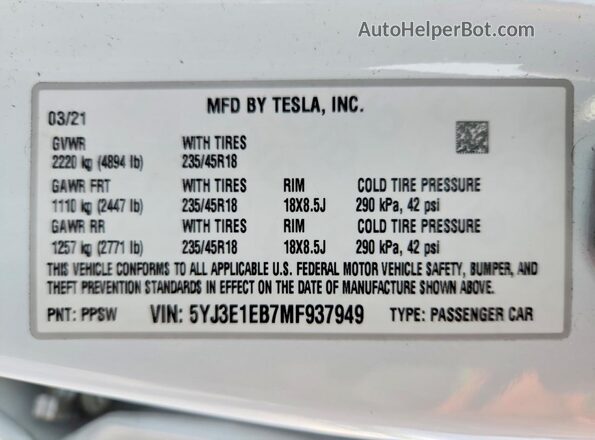 5YJ3E1EB7MF937949 2021 TESLA MODEL White VIN կոդի պիտակի տեսք