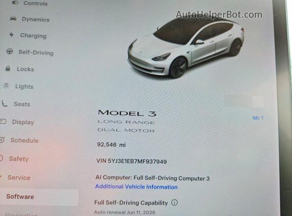 5YJ3E1EB7MF937949 2021 TESLA MODEL White Սարքավորումների վահանակի տեսք