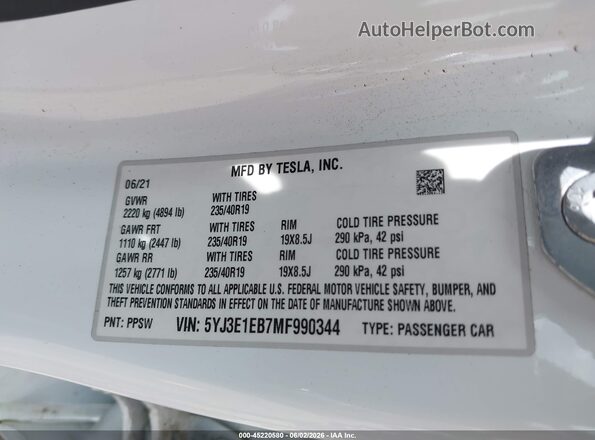 5YJ3E1EB7MF990344 2021 TESLA MODEL 3 White Vista del compartimento del motor