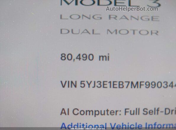 5YJ3E1EB7MF990344 2021 TESLA MODEL 3 White Vista interior de 360 grados
