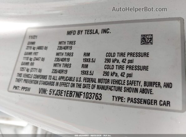 5YJ3E1EB7NF103763 2022 TESLA MODEL 3 White Вид підкапотного простору