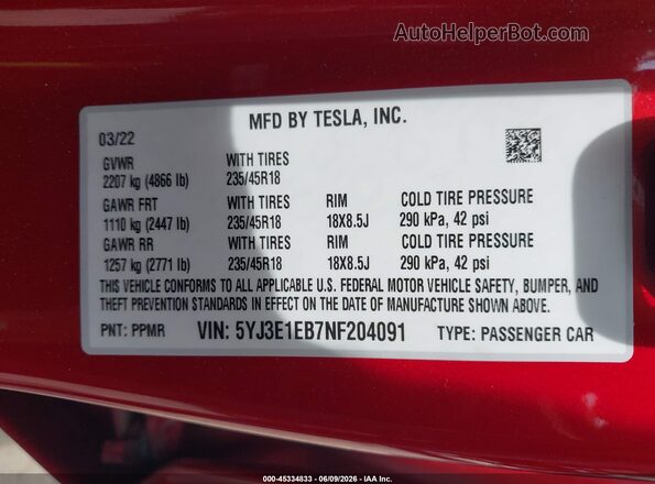 5YJ3E1EB7NF204091 2022 TESLA MODEL 3 Red Շարժիչի բաժամունքի տեսք