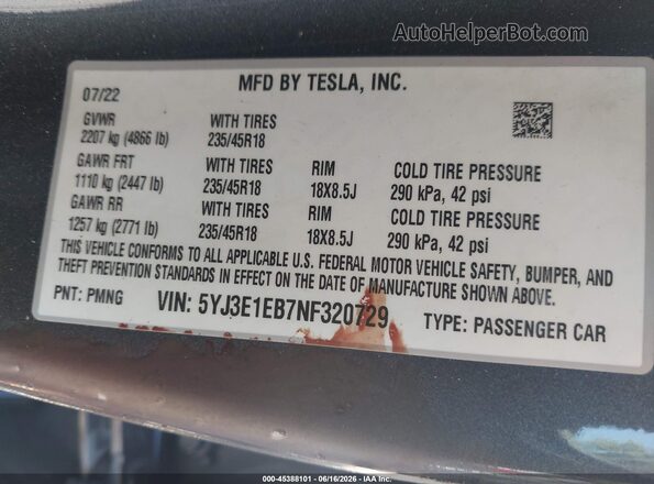 5YJ3E1EB7NF320729 2022 TESLA MODEL 3 Gray ძრავის განყოფილების ხედი