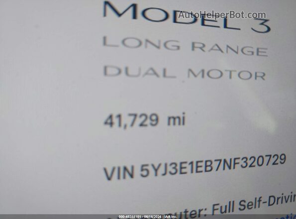5YJ3E1EB7NF320729 2022 TESLA MODEL 3 Gray უკანა სავარძლების ხედი
