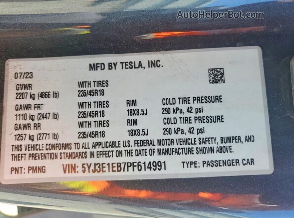 5YJ3E1EB7PF614991 2023 TESLA OTHER Gray Вид підкапотного простору