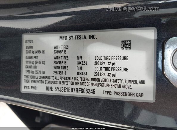 5YJ3E1EB7RF808245 2024 TESLA MODEL 3 Gray Vista del compartimento del motor