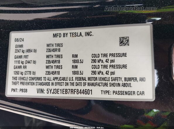 5YJ3E1EB7RF844601 2024 TESLA MODEL 3 Черный Вид подкапотного пространства