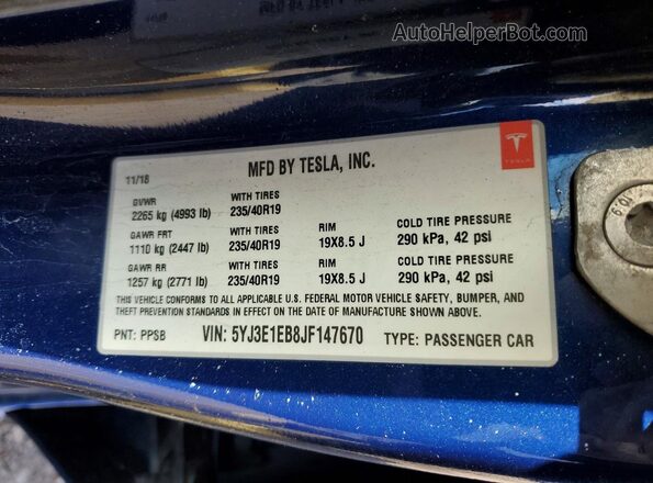 5YJ3E1EB8JF147670 2018 TESLA MODEL Blue VIN sticker view