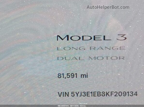 5YJ3E1EB8KF209134 2019 TESLA MODEL 3 Black 