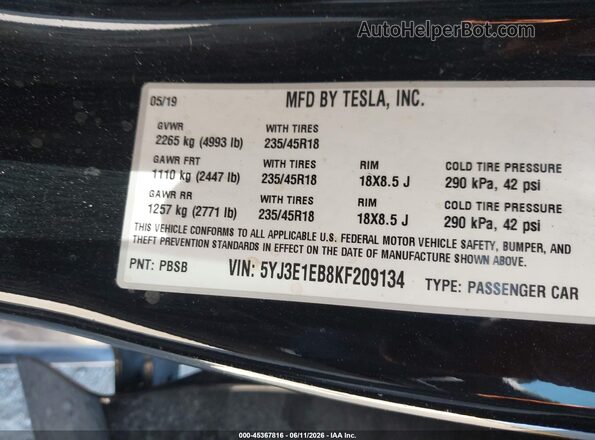 5YJ3E1EB8KF209134 2019 TESLA MODEL 3 Black Շարժիչի բաժամունքի տեսք
