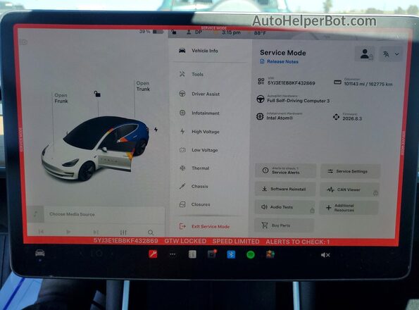 5YJ3E1EB8KF432869 2019 TESLA MODEL Red ხელსაწყოთა პანელის ხედი