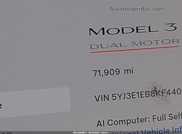 5YJ3E1EB8KF440406 2019 TESLA MODEL 3 White 