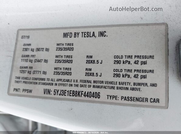 5YJ3E1EB8KF440406 2019 TESLA MODEL 3 White Вид підкапотного простору