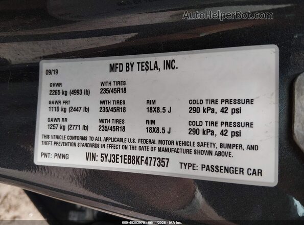 5YJ3E1EB8KF477357 2019 TESLA MODEL 3 Серый 