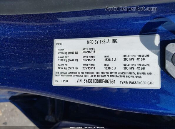 5YJ3E1EB8KF497561 2019 TESLA MODEL 3 Blue Շարժիչի բաժամունքի տեսք