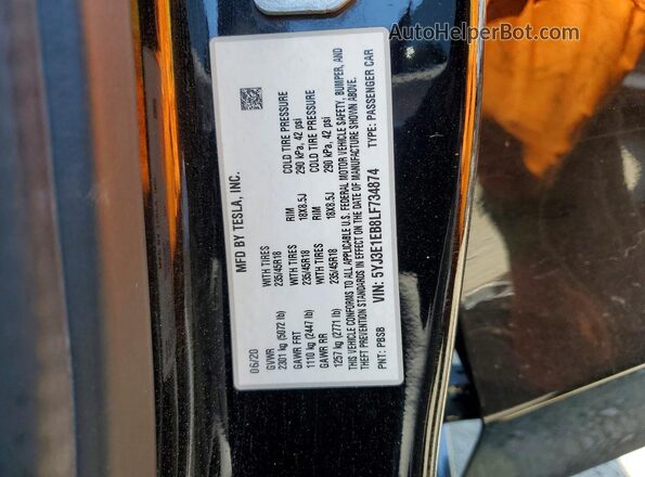 5YJ3E1EB8LF734874 2020 TESLA MODEL Black ძრავის განყოფილების ხედი