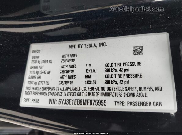 5YJ3E1EB8MF075955 2021 TESLA MODEL 3 Black Vista del compartimento del motor