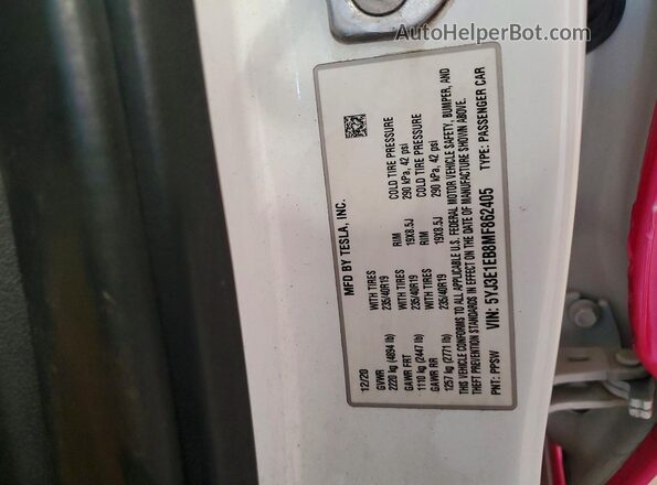 5YJ3E1EB8MF862405 2021 TESLA MODEL Pink VIN კოდის სტიკერის ხედი