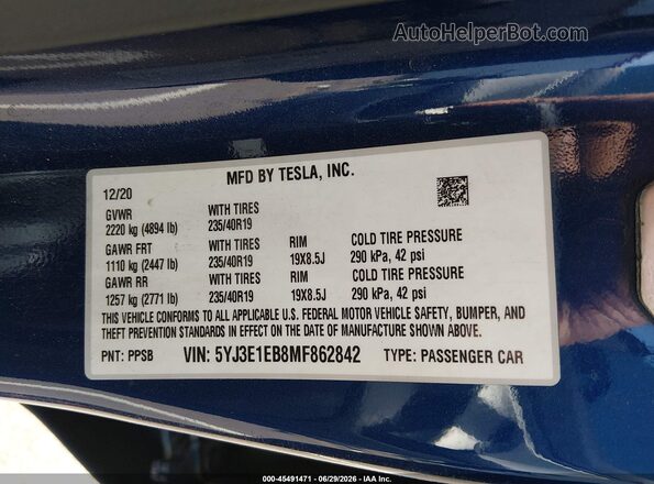 5YJ3E1EB8MF862842 2021 TESLA MODEL 3 Blue Widok naklejki z numerem VIN