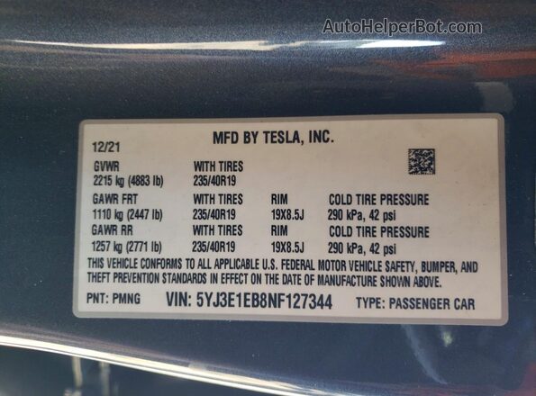 5YJ3E1EB8NF127344 2022 TESLA MODEL Gray Շարժիչի բաժամունքի տեսք