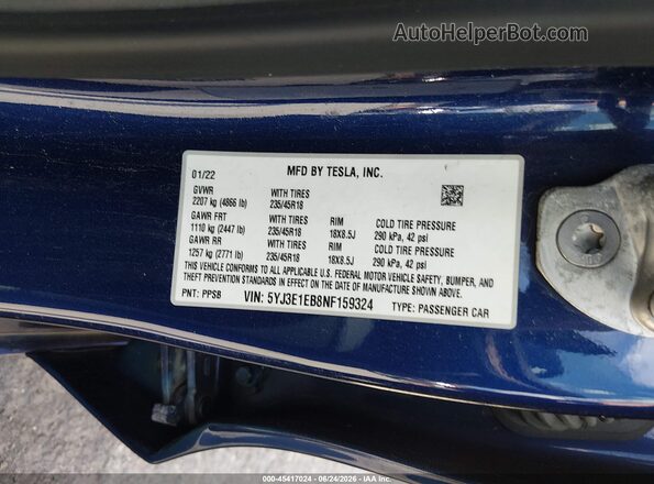 5YJ3E1EB8NF159324 2022 TESLA MODEL 3 Синий Вид подкапотного пространства