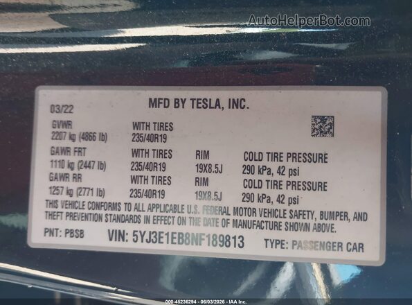5YJ3E1EB8NF189813 2022 TESLA MODEL 3 Black Շարժիչի բաժամունքի տեսք